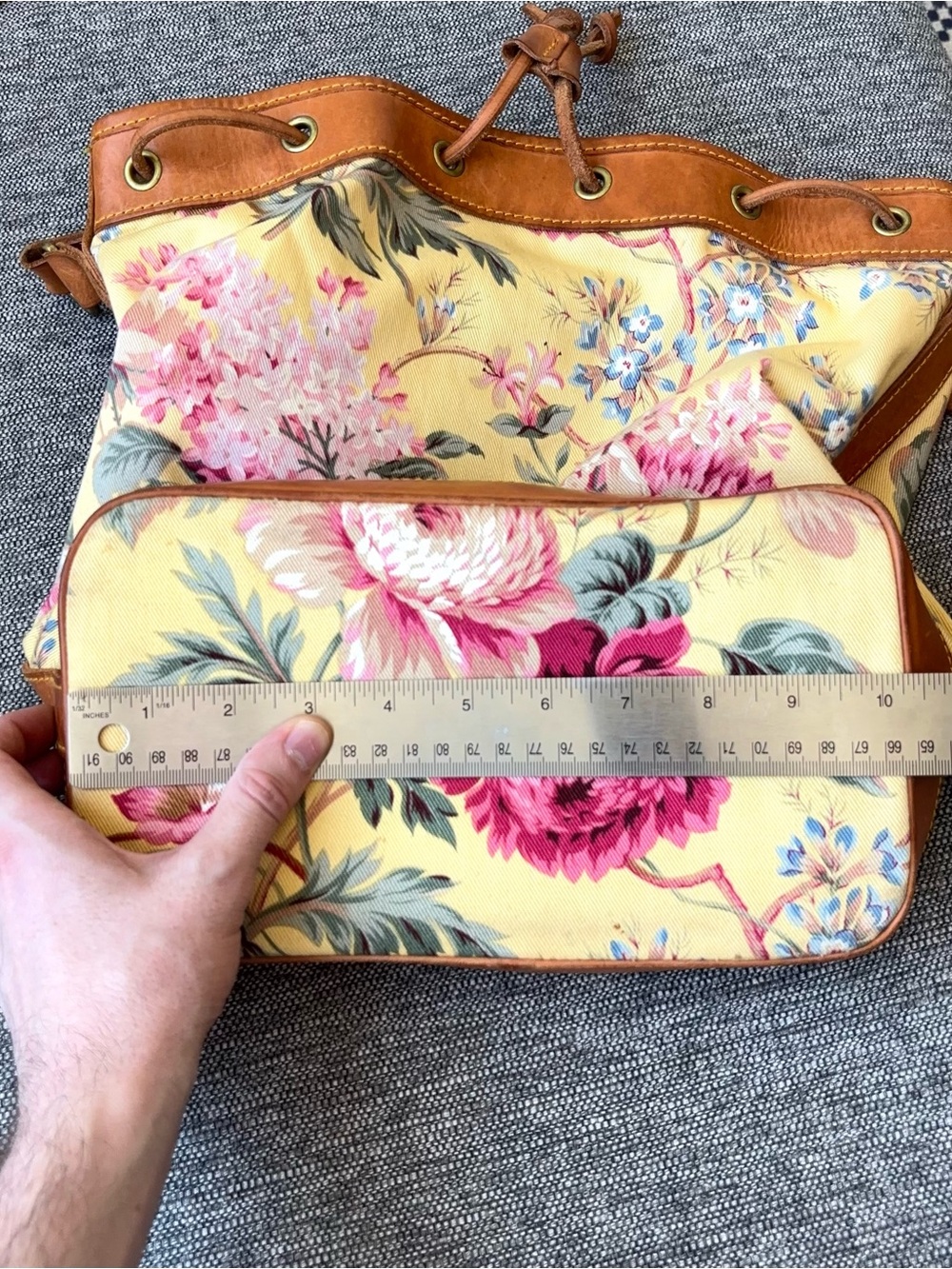 Vintage 80s Ralph Lauren Yellow Floral Drawstring Bucket Bag Leather Canvas Tote - Picture 13 of 15